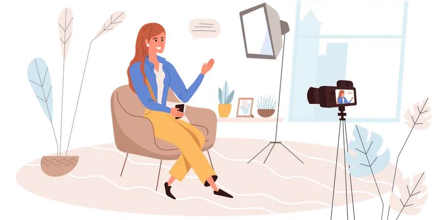 Blogging People Concept In Modern Flat Design Woman Blogger Sitting In Studio And Recording Video Live Streaming Content Creation Social Network Person Scene Vector Illustration For Web Banner Illustration