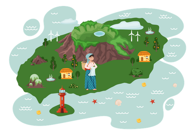 Female villager standing on island  Illustration