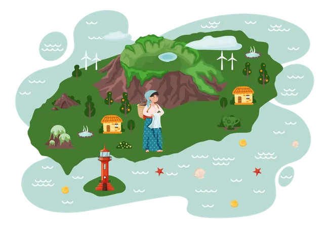 Female villager standing on island  Illustration