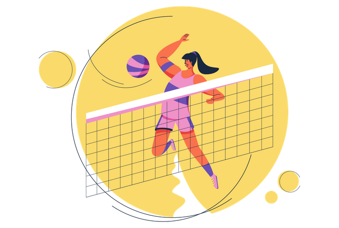 Female volleyball player smashing ball over the net  Illustration