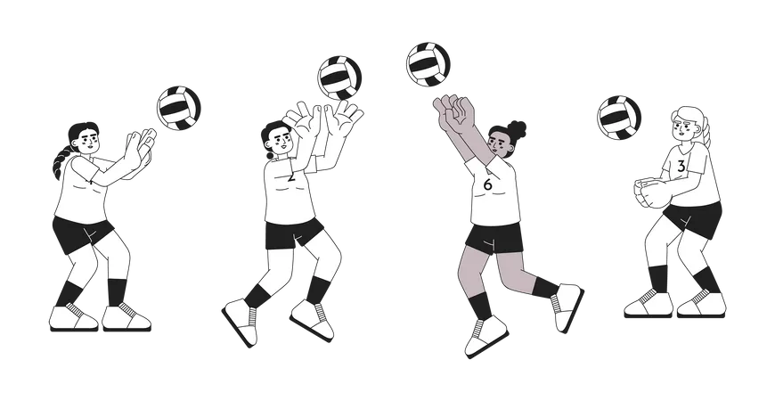 Female Volleyball Players Monochrome Concept Vector Spot Illustration Team Game Hitting Ball 2 D Flat Bw Cartoon Characters For Web UI Design Sport Isolated Editable Hand Drawn Hero Image Illustration