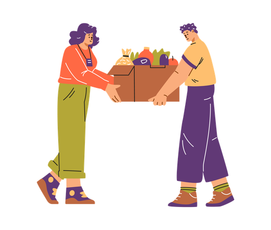 Female volunteer delivering a box of groceries to a young teenager  Illustration