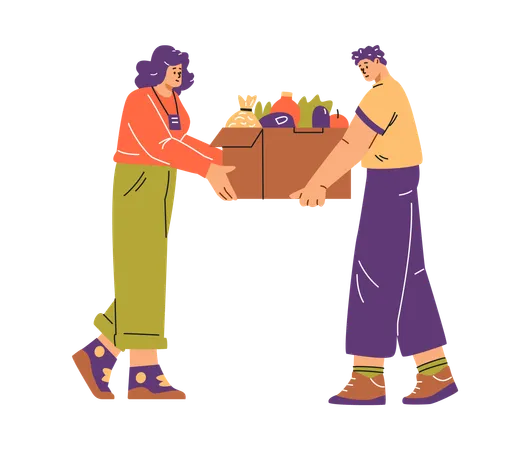 Female volunteer delivering a box of groceries to a young teenager  Illustration