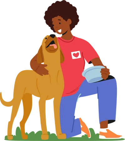 Female volunteer feeding dog in animal shelter  Illustration