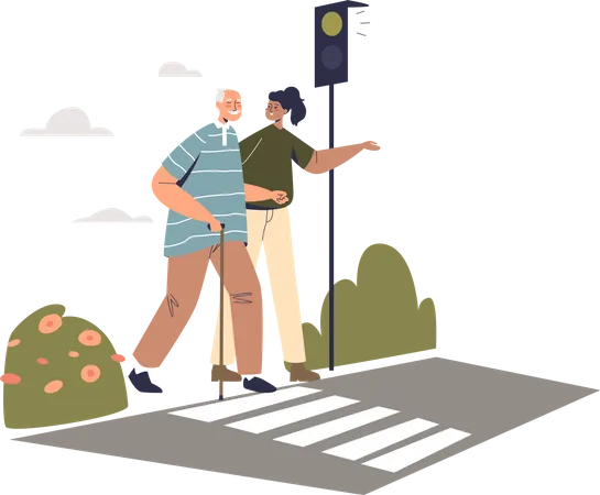 Female volunteer helping elder man on crosswalk  Illustration