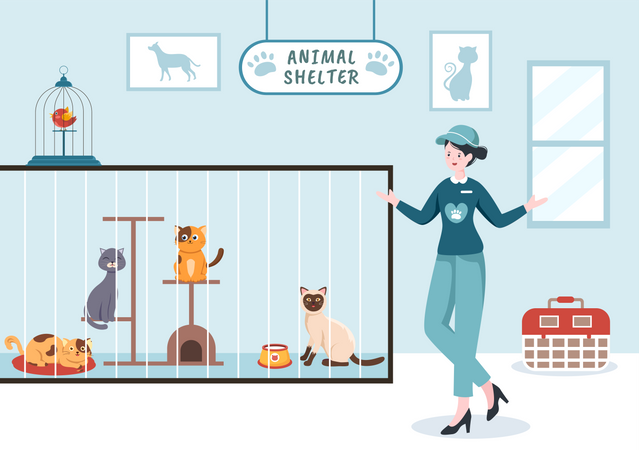 Female Volunteer in Animal Shelter  Illustration