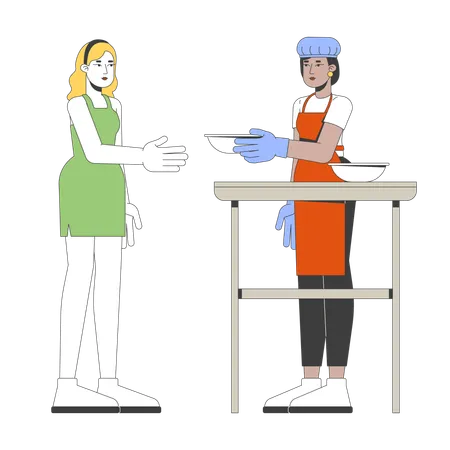 Female volunteer serving food at charity event  Illustration