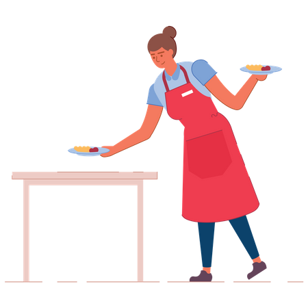 Female waiter serving food  Illustration