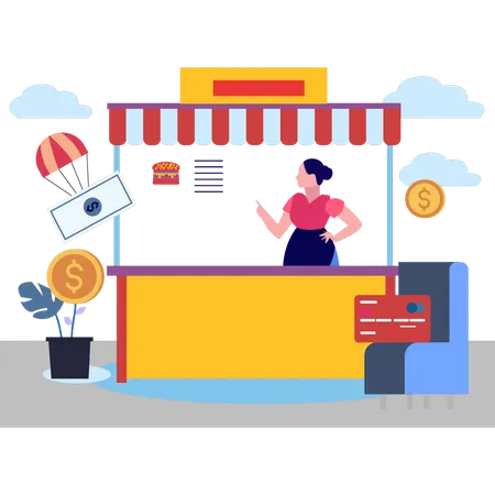 The Waitress Is Standing At The Burger Stall Illustration