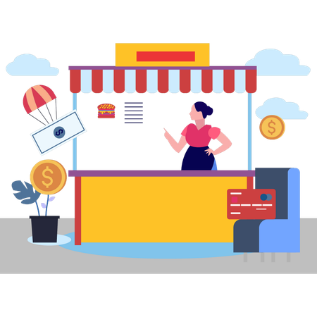 Female waitress standing at burger stall  Illustration