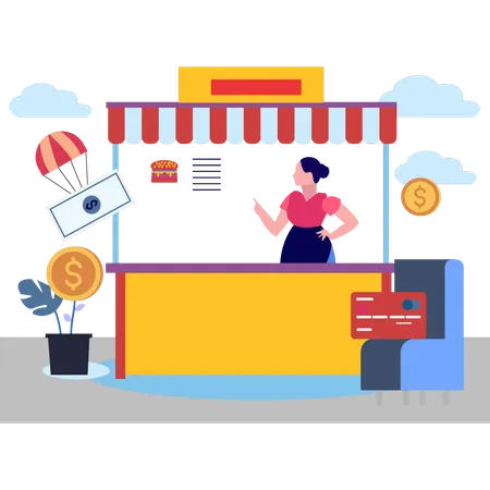 Female waitress standing at burger stall  Illustration