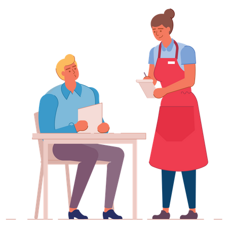 Female waitress taking order from man  Illustration