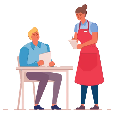 Female waitress taking order from man  Illustration