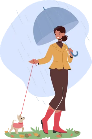 Female Character Walk With Dog In Public City Park At Rainy Autumn Weather Woman With Umbrella Spend Time With Pet Outdoors Relax Leisure Communication With Animal Cartoon Vector Illustration Illustration