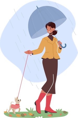Female Walk with Dog in Rain  Illustration
