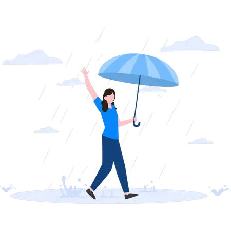 The Girl Is Walking In The Rain With An Umbrella Illustration