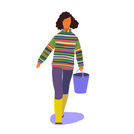 Female walking with bucket in her hand  Illustration