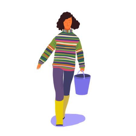 Female walking with bucket in her hand  Illustration