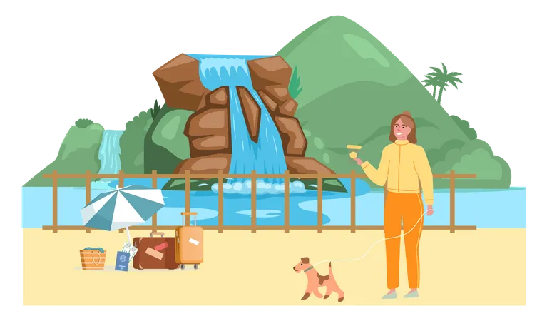 Female walking with dog on vacation  Illustration