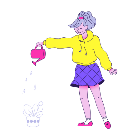 Female watering flowers in office Illustration
