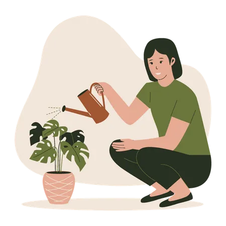 Woman Watering Plants In Pots Illustration