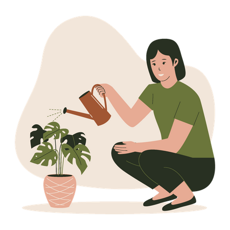 Female watering plants in pots  Illustration