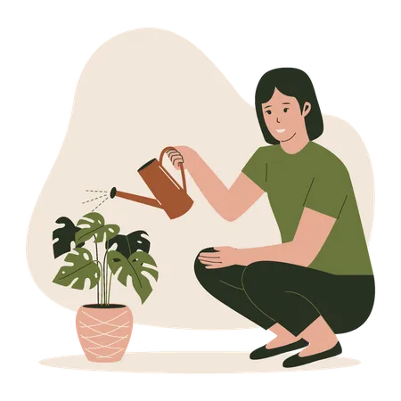 Female watering plants in pots  Illustration