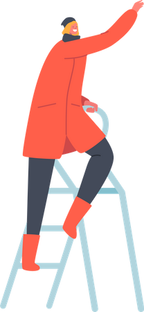 Female Wear Warm Winter Clothes Stand on Ladder  Illustration