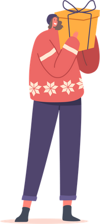 Female Wear Xmas Sweater with Gift Box in Hand  Illustration
