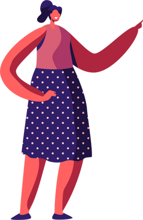 Female Wearing Polka Dot Dress Posing with Finger Pointing Illustration