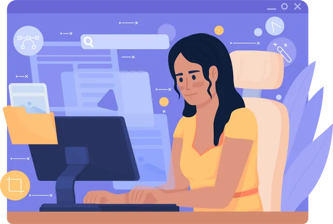 Female Web Designer working on computer  일러스트레이션