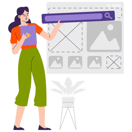 Female web designer working on web Wireframe  Illustration