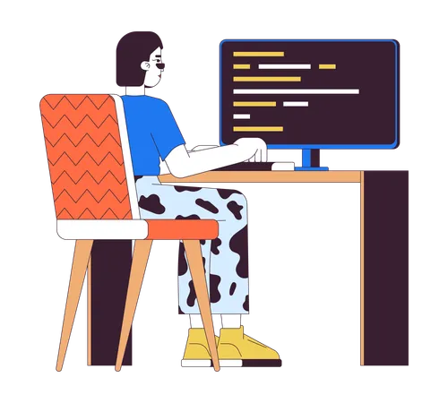 Female Web Developer At Work 2 D Linear Cartoon Character Asian Woman Writing Code Isolated Line Vector Person White Background Software Development Technology Color Flat Spot Illustration Illustration