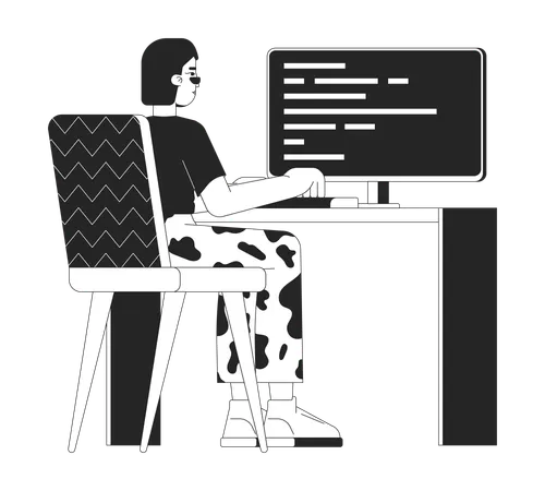 Female Web Developer At Work Black And White 2 D Line Cartoon Character Asian Woman Writing Code Isolated Vector Outline Person Software Development Technology Monochromatic Flat Spot Illustration Illustration