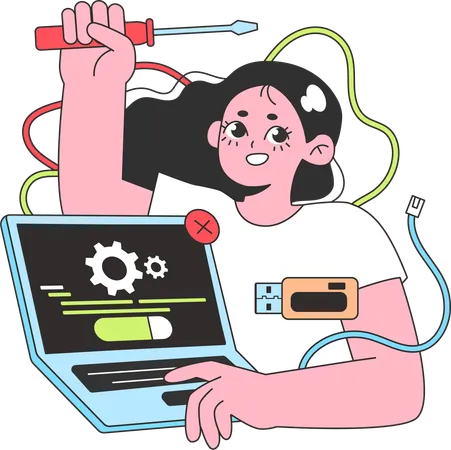 Female web developer solving bug  Illustration