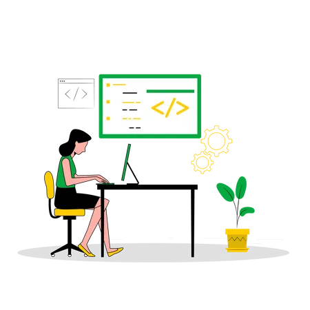 Female web developer work while sitting on desk  Illustration