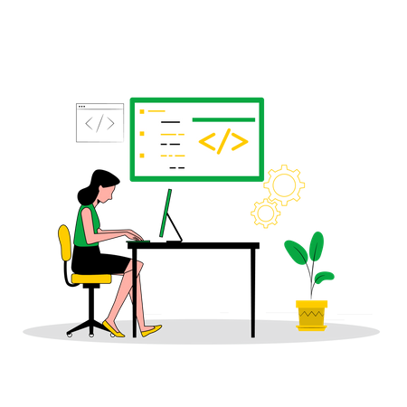 Female web developer work while sitting on desk  Illustration