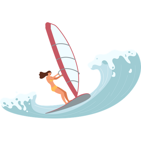 Female wind surfer rides the Barreled Rushing Wave Illustration