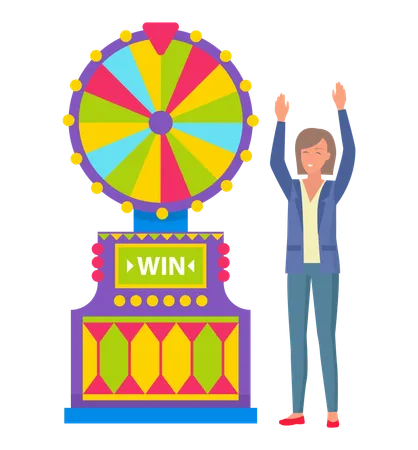 Happy Winner Rising Hands Near Roulette Game Machine Fortune Equipment Smiling Female Character Playing Wheel Colorful Stripes Casino Symbol Vector Illustration