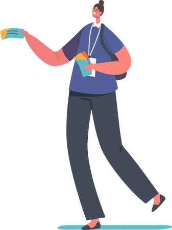 Female with Badge and Backpack Giving Flyers Illustration