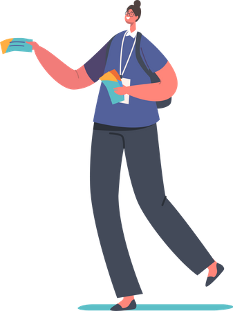 Female with Badge and Backpack Giving Flyers  Illustration