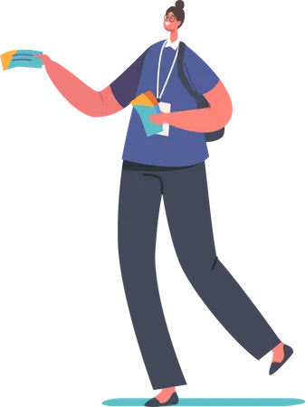 Female with Badge and Backpack Giving Flyers  Illustration