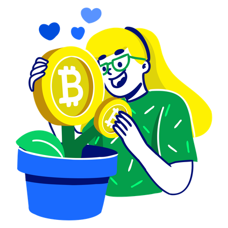 ビットコインの木を持つ女性  イラスト