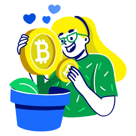 ビットコインの木を持つ女性  イラスト