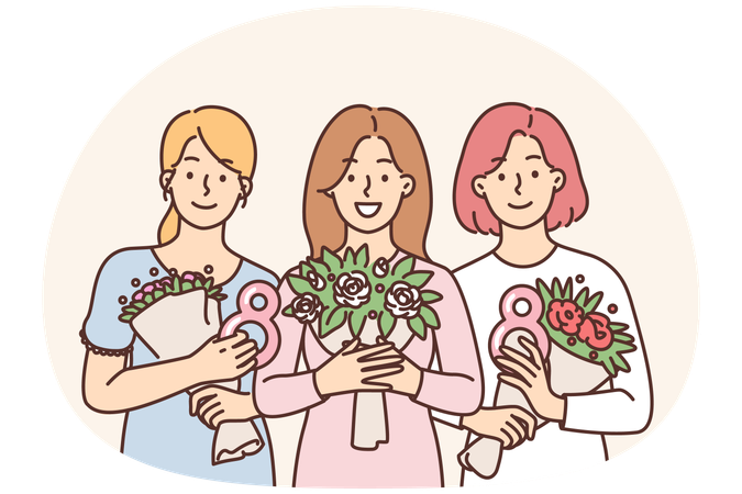 Female with bouquets of flowers presented in honor of International Womens Day and number eight  Illustration