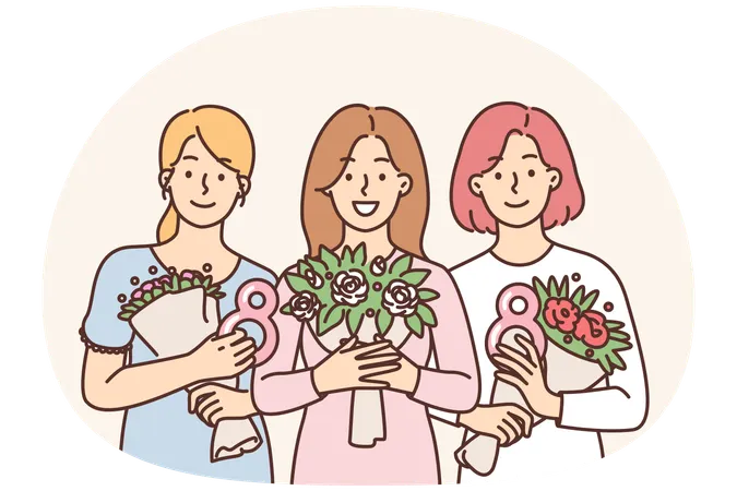 Female with bouquets of flowers presented in honor of International Womens Day and number eight  Illustration