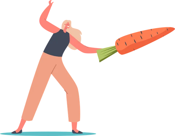 Tiny Female Character With Huge Carrot Isolated On White Background Concept Of Dieting Healthy Eating And Active Lifestyle Happy Woman Eat Fresh Vegetables Cartoon People Vector Illustration Illustration