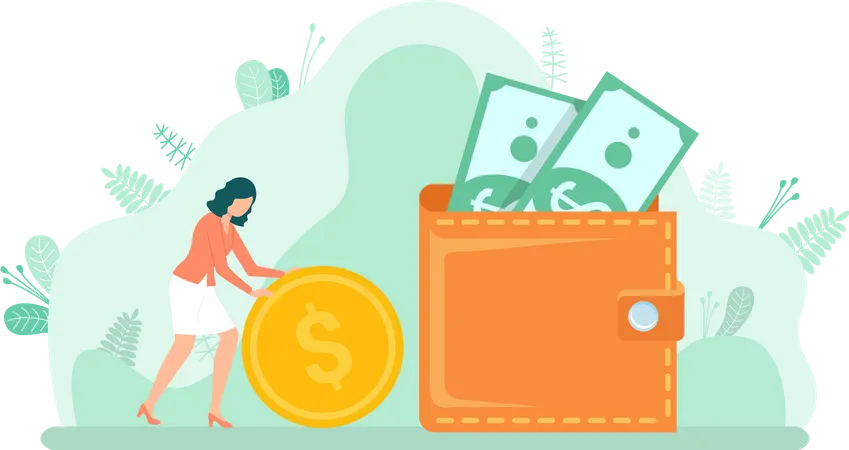 Woman Holding Coin Cash With Dollars Landscape View Worker Earning Money Currency In Purse Investment And Profit Finance Element Of Decoration Vector Illustration