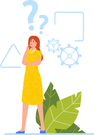 Female Character With Critical Thinking Woman With Geometrical Shapes Cogwheels And Question Mark Over Head Businesswoman Analytic Searching Solution Think Cartoon People Vector Illustration Illustration