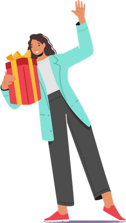 Female with Gift Box Waving Hand  Illustration